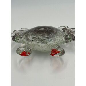 SPI Home Art Glass Crab Figurine Grey White Red Coastal Nautical Paperweight